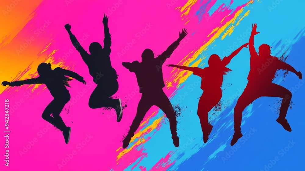 Silhouettes of urban dancers against a backdrop of neon graffiti, vivid colors blending into the cityscape, creating an abstract urban vibe Silhouettes of urban dancers against a backdrop of neon graffiti, vivid colors blending into the cityscape, creating an abstract urban vibe