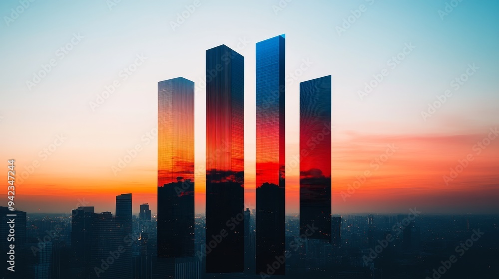 Silhouette of city skyscrapers merging with a radiant sunset gradient, double exposure creating a surreal urban landscape Silhouette of city skyscrapers merging with a radiant sunset gradient, double exposure creating a surreal urban landscape