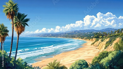 A coastal scene with a long sandy beach and ocean waves, framed by tall palm trees and a clear, sunny sky.