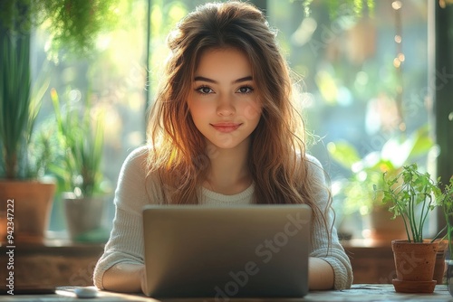 Freelancer Woman Balancing Work on Digital Laptop with a Coffee Break in a Modern Home Office