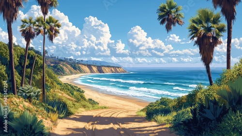 A coastal scene with a long sandy beach and ocean waves, framed by tall palm trees and a clear, sunny sky.