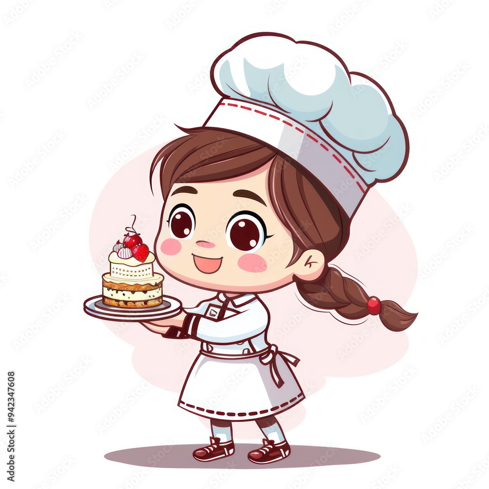 Cartoon character of cute little girl hold cake,wear chef uniform, white background, vector illustration Cartoon character of cute little girl hold cake,wear chef uniform, white background, vector illustration