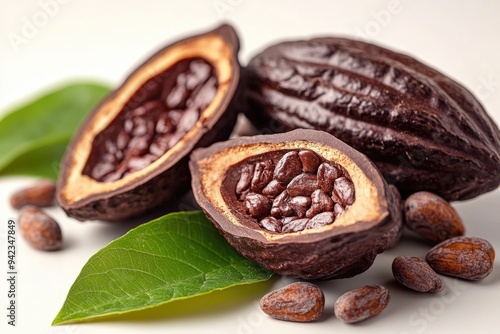 Fresh Cocoa Fruit with Half Sliced and Leaves, Isolated on White Background for Detailed View