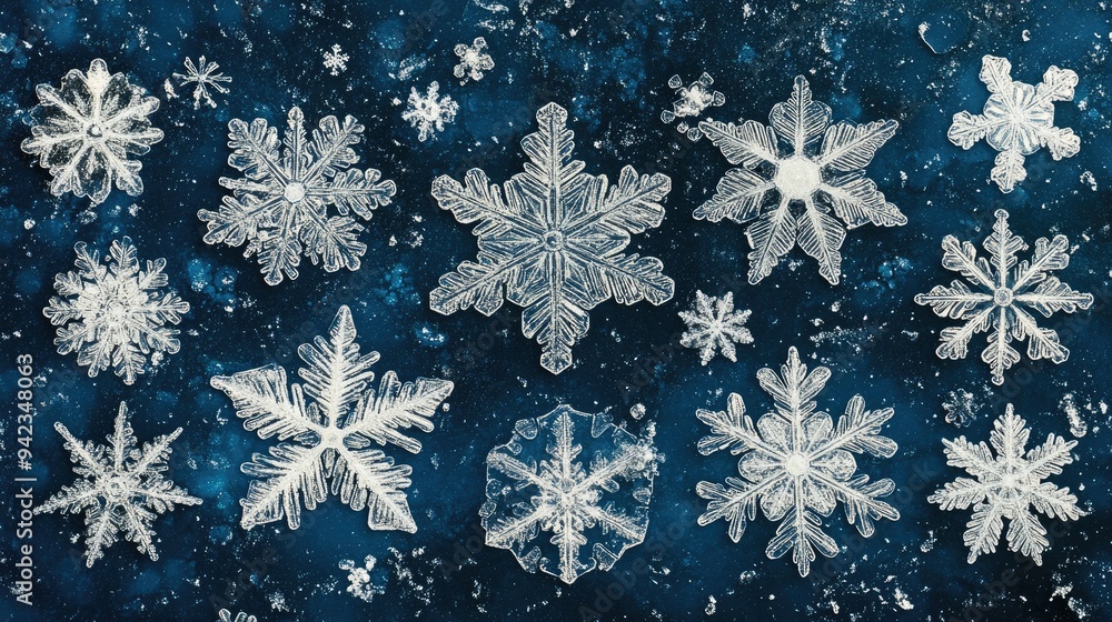 A collection of various snowflakes, each with unique shapes and details, set against a cool winter backdrop with space for text. A collection of various snowflakes, each with unique shapes and details, set against a cool winter backdrop with space for text.