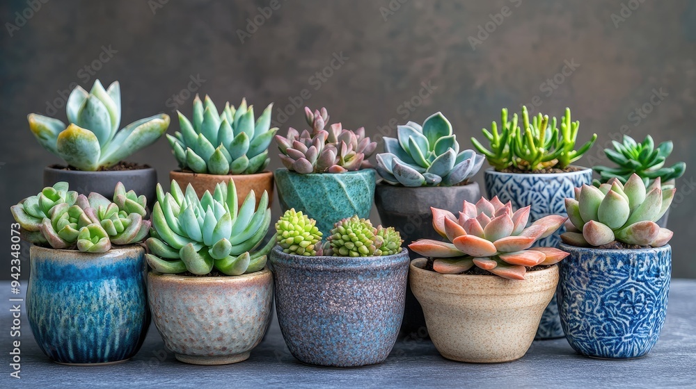 A collection of various succulents in decorative pots, showcasing a range of shapes and colors against a neutral background. A collection of various succulents in decorative pots, showcasing a range of shapes and colors against a neutral background.