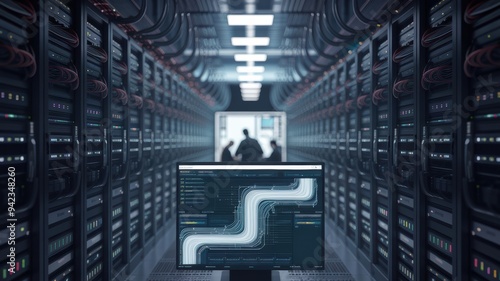 A data center with massive servers, where AI algorithms analyze and process vast amounts of information. 
