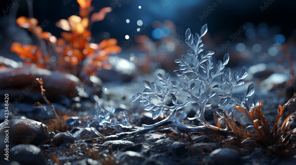 snowflake ice crystals snow falling on frozen ground and plants on a cold winter night snowflake ice crystals snow falling on frozen ground and plants on a cold winter night
