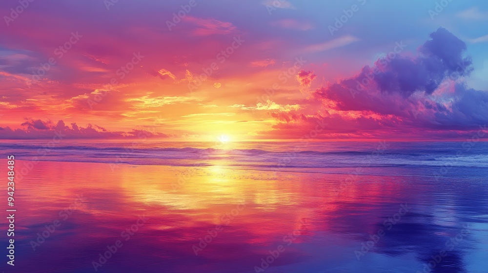 A colorful beach sunset with the sky reflecting brilliant shades of orange, pink, and purple. Clear space for content. A colorful beach sunset with the sky reflecting brilliant shades of orange, pink, and purple. Clear space for content.