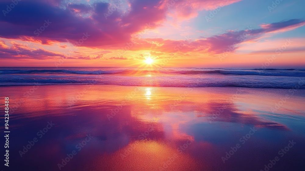A colorful beach sunset with the sky reflecting brilliant shades of orange, pink, and purple. Clear space for content. A colorful beach sunset with the sky reflecting brilliant shades of orange, pink, and purple. Clear space for content.
