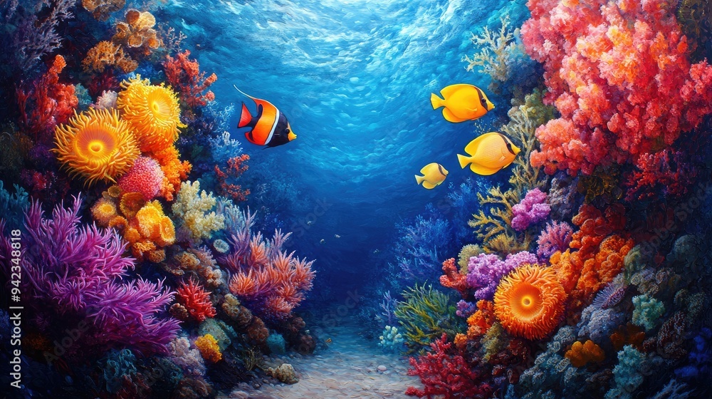 Obraz premium A colorful marine life scene featuring a variety of fish, sea anemones, and coral reefs, capturing the vibrant ecosystem of the ocean with ample copy space.