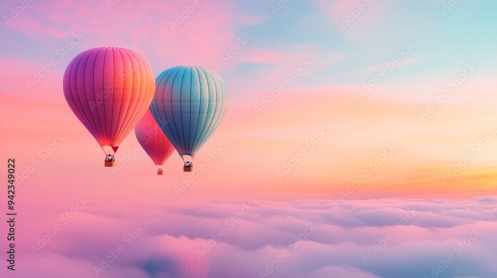 Double exposure of hot air balloons gently rising in a pastel dawn, fused with soft clouds, evoking a sense of wonder and tranquility Double exposure of hot air balloons gently rising in a pastel dawn, fused with soft clouds, evoking a sense of wonder and tranquility