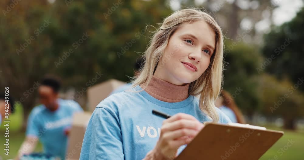 Woman, volunteer and writing on clipboard in park with notes, reading or food drive for charity. Person, checklist and smile with planning, outdoor or kindness in community with social responsibility Woman, volunteer and writing on clipboard in park with notes, reading or food drive for charity. Person, checklist and smile with planning, outdoor or kindness in community with social responsibility