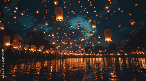 YI Peng lantern festival. Release hot air paper lanterns to sky at night in Loy krathong and Yi Peng Festival