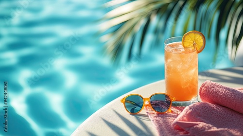 Fototapeta Naklejka Na Ścianę i Meble -  A colorful poolside setup with beach towels, sunglasses, and a tropical drink, capturing a summer vibe. Plenty of copy space.