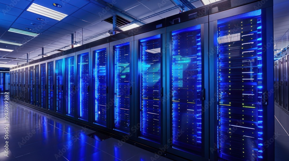 Data Center Server Room with Blue Lights Data Center Server Room with Blue Lights