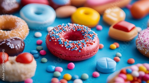 A colorful assortment of donuts and candies on a blue background.