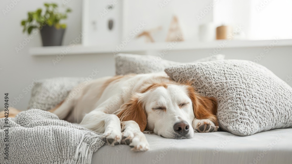 A cozy dog rests peacefully on a soft bed, surrounded by pillows, in a bright and tranquil indoor environment. A cozy dog rests peacefully on a soft bed, surrounded by pillows, in a bright and tranquil indoor environment.