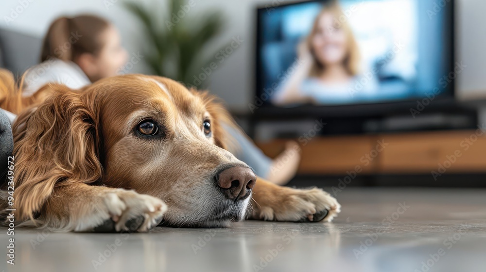 A relaxing dog watches television while lying on the floor, embodying the comfort of home and companionship. A relaxing dog watches television while lying on the floor, embodying the comfort of home and companionship.
