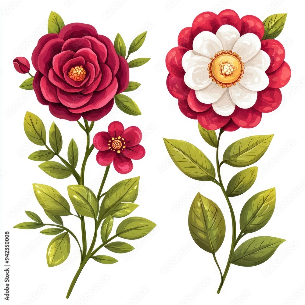 Two Delicate Red Flowers with Green Leaves Two Delicate Red Flowers with Green Leaves