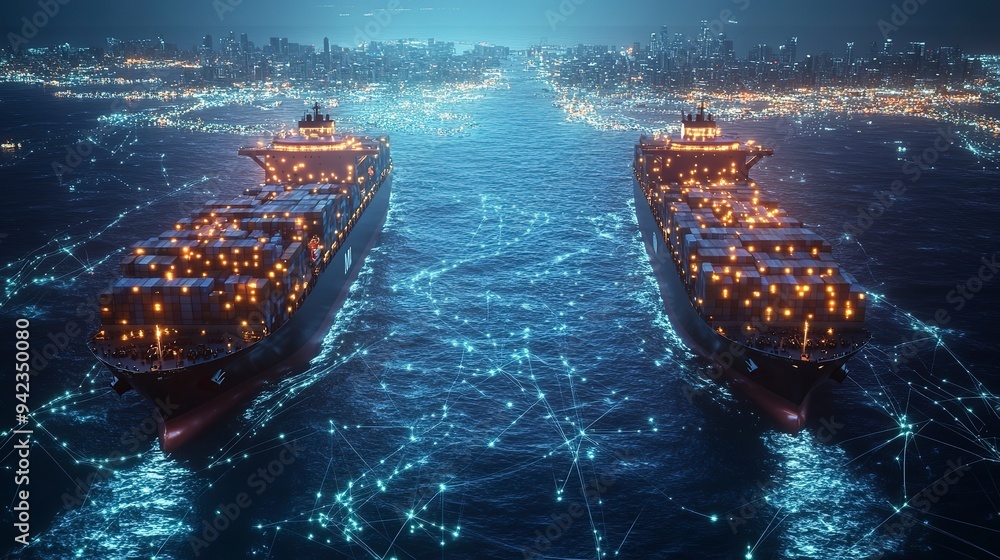 Photo & Art Print Two large cargo ships navigate a digitized ocean map ...