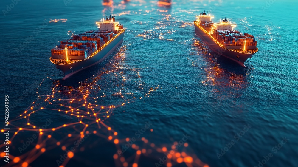 Photo & Art Print Two large cargo ships navigate a digitized ocean map ...