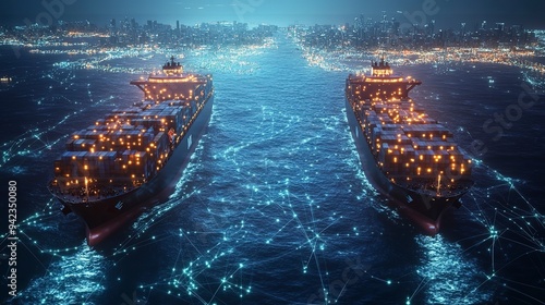 Two large cargo ships navigate a digitized ocean map with glowing trade routes connecting continents, underlining the complexity of international trade.  photo