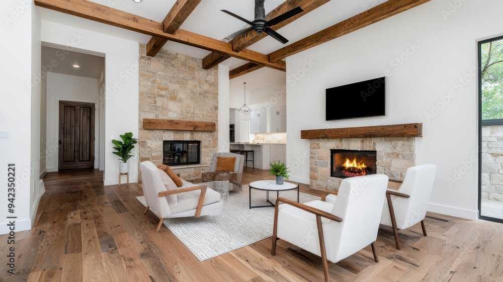 Fototapeta premium Cozy living room featuring stone fireplace, wood beams, modern furniture, and bright natural light for a welcoming atmosphere.