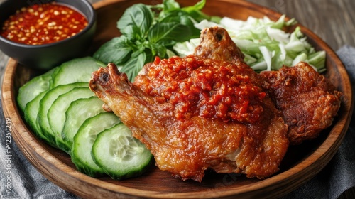 Ayam geprek is a dish of fried chicken with chili sauce and vegetable toppings photo