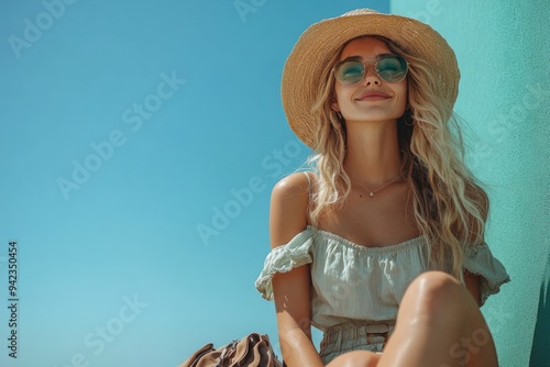 Happy Traveler in Casual Clothes Relaxing on Deckchair with Juice Against Plain Green Background #942350454