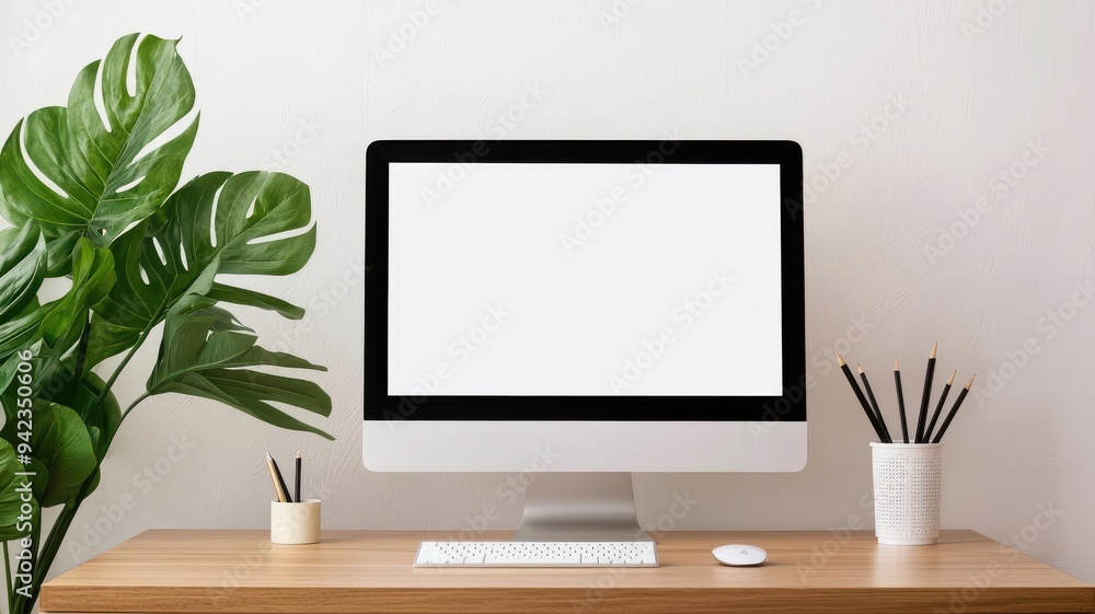 Modern workspace featuring a blank computer screen, wooden desk, and stylish plant for a fresh, minimalistic look. Modern workspace featuring a blank computer screen, wooden desk, and stylish plant for a fresh, minimalistic look.