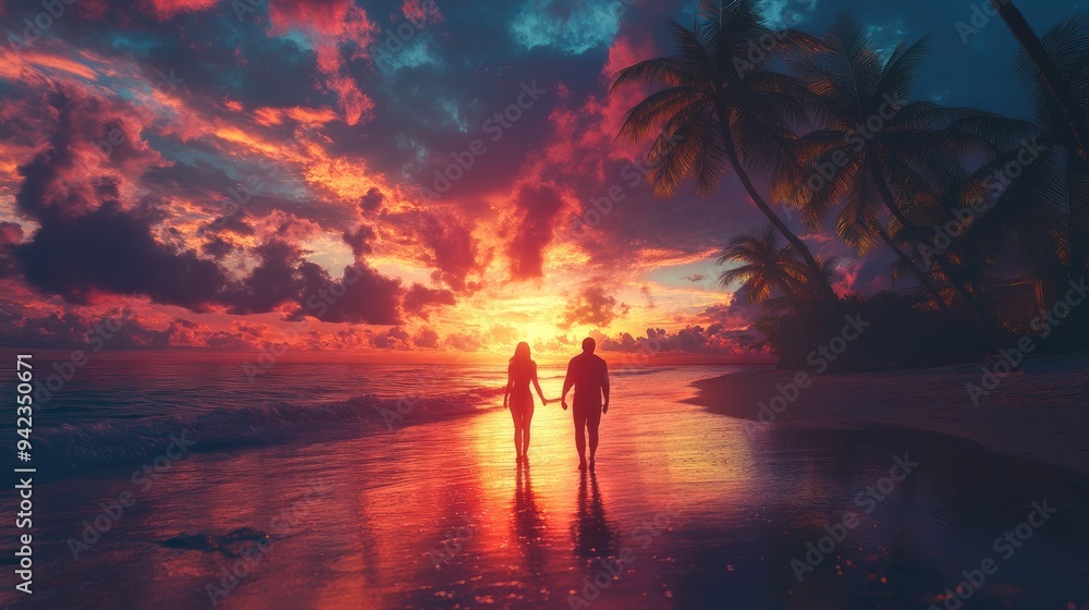 Fototapeta premium A couple walking hand in hand along a palm tree-lined beach, with the sun setting and the sky ablaze with color.