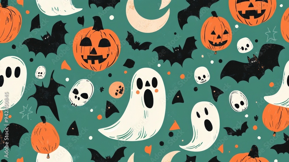 A festive Halloween pattern featuring ghosts, pumpkins, bats, and skulls on a teal background. A festive Halloween pattern featuring ghosts, pumpkins, bats, and skulls on a teal background.