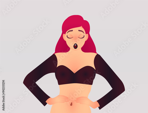A Fiery-Haired Beauty in a Black Choli, Her Eyes Closed in Ecstasy, A woman with long, wavy red hair wearing a black sports bra, purple hat, and a surprised expression on her face, digital art,