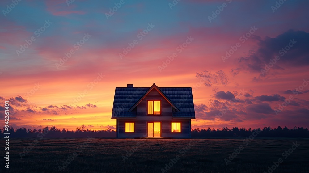 A cozy house with warm lights glowing inside, set against the backdrop of a colorful dusk sky, perfect for themes of home and comfort with ample copy space.