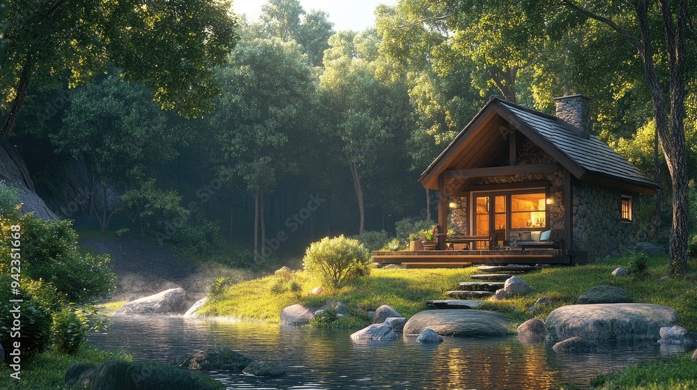 Fototapeta premium A cozy vacation cabin surrounded by nature, emphasizing a peaceful and tranquil escape. Plenty of room for messages.