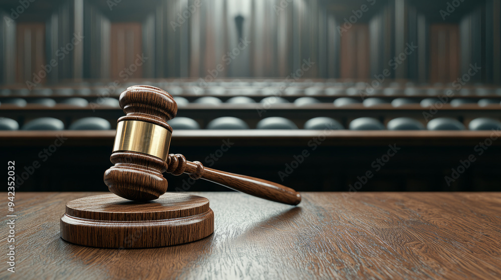 A gavel rests on wooden desk in courtroom, symbolizing justice and authority. setting conveys serious and formal atmosphere, reflecting importance of legal proceedings. A gavel rests on wooden desk in courtroom, symbolizing justice and authority. setting conveys serious and formal atmosphere, reflecting importance of legal proceedings.