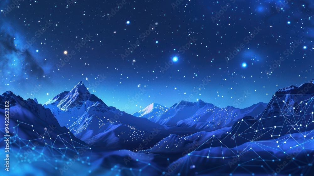 Obraz premium Starry Night Mountainscape with Abstract Network