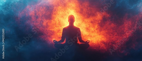 Digital art of a meditating figure with their aura expanding outward, symbolizing personal growth, [meditation], [aura expansion]