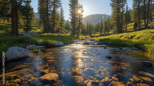 A crystal-clear mountain stream flowing over smooth rocks, with sunlight filtering through the trees.