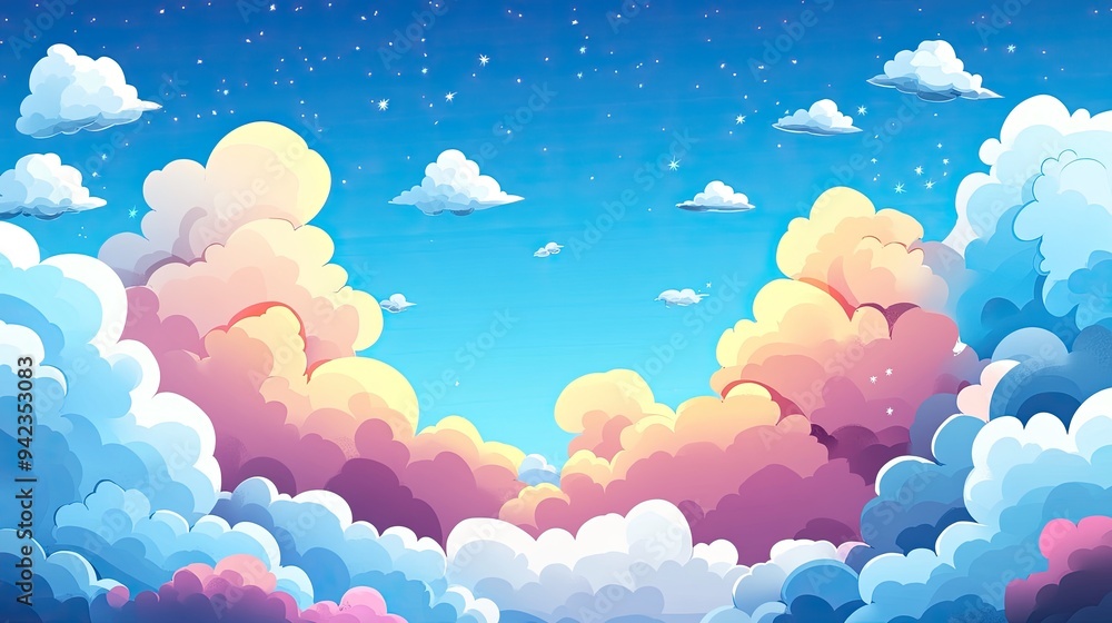A cute cartoon sky with puffy clouds shaped like animals, adding a fun and imaginative element to the scene. A cute cartoon sky with puffy clouds shaped like animals, adding a fun and imaginative element to the scene.