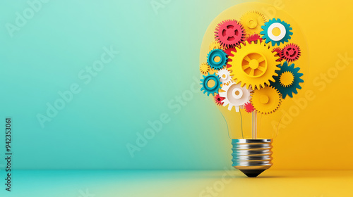A colorful light bulb filled with gears symbolizes creativity and innovation. vibrant colors evoke sense of excitement and inspiration.