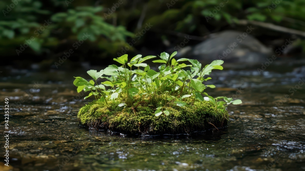 Lush green plants thrive on moss-covered island in tranquil stream Lush green plants thrive on moss-covered island in tranquil stream