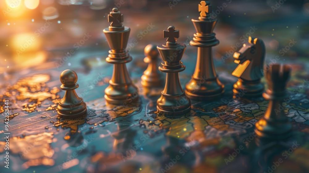 Chess pieces on a dynamic map, reflecting world map, global competition strategy generative ai Chess pieces on a dynamic map, reflecting world map, global competition strategy generative ai