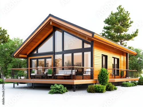 Modern Wooden Cabin with Large Windows and Deck