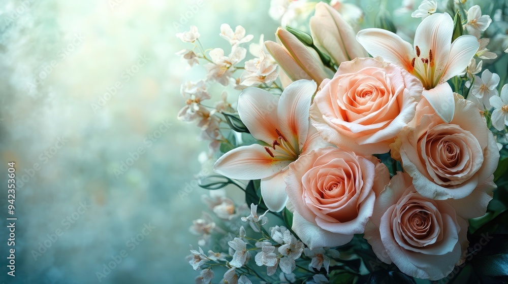 A delicate bouquet of roses and lilies, perfect for a birthday gift, with a soft background and space for text. A delicate bouquet of roses and lilies, perfect for a birthday gift, with a soft background and space for text.
