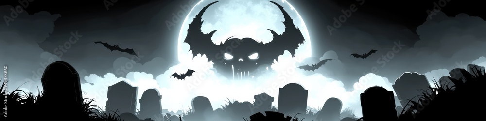 Eerie Halloween Night: Spooky Moonlit Graveyard with Haunted Sky, Bat Silhouettes, and a Menacing Ghostly Figure Eerie Halloween Night: Spooky Moonlit Graveyard with Haunted Sky, Bat Silhouettes, and a Menacing Ghostly Figure