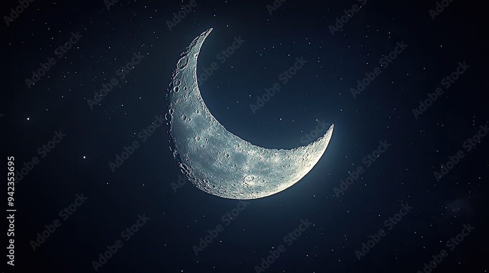A delicate crescent moon glowing softly against a dark night sky, with a few scattered stars around it. The serene scene leaves ample room for text. A delicate crescent moon glowing softly against a dark night sky, with a few scattered stars around it. The serene scene leaves ample room for text.