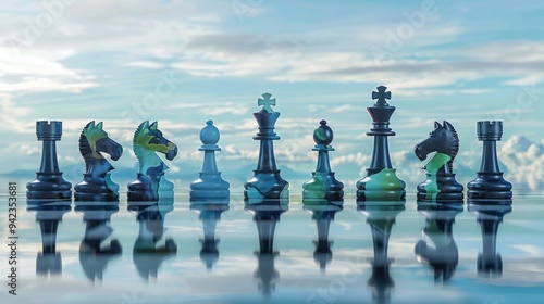 Chess pieces on a futuristic board, reflecting world map, international trade concept generative ai