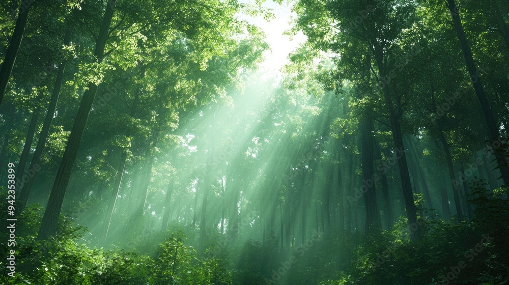Obraz premium A dense forest with tall, towering trees and sunlight filtering through the leaves, creating a serene and natural scene with ample copy space.