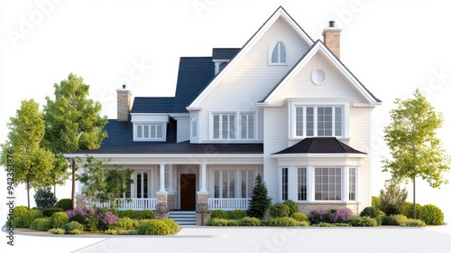 Beautiful White Two Story Suburban House with Landscaping